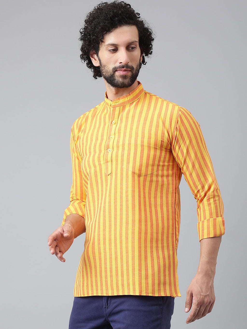 RIAG Yellow Color Long Sleeves Casual Men's Cotton Short Kurta | Grocsy