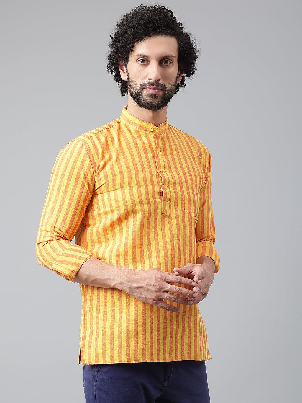RIAG Yellow Color Long Sleeves Casual Men's Cotton Short Kurta | Grocsy