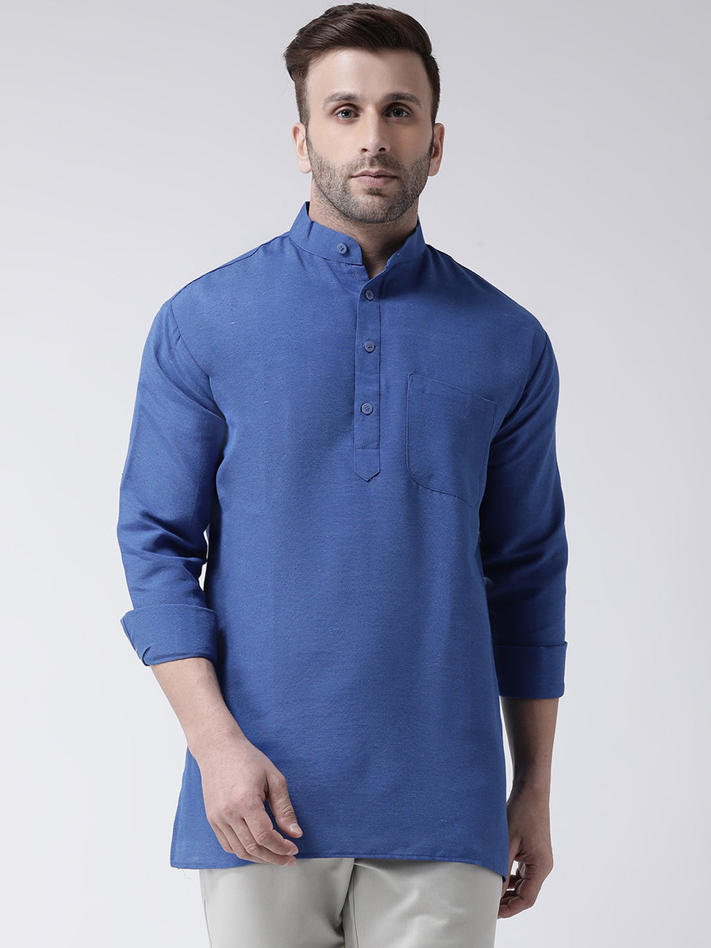 RIAG Navy Blue Color Long Sleeves Men's Cotton Short Kurta | Grocsy