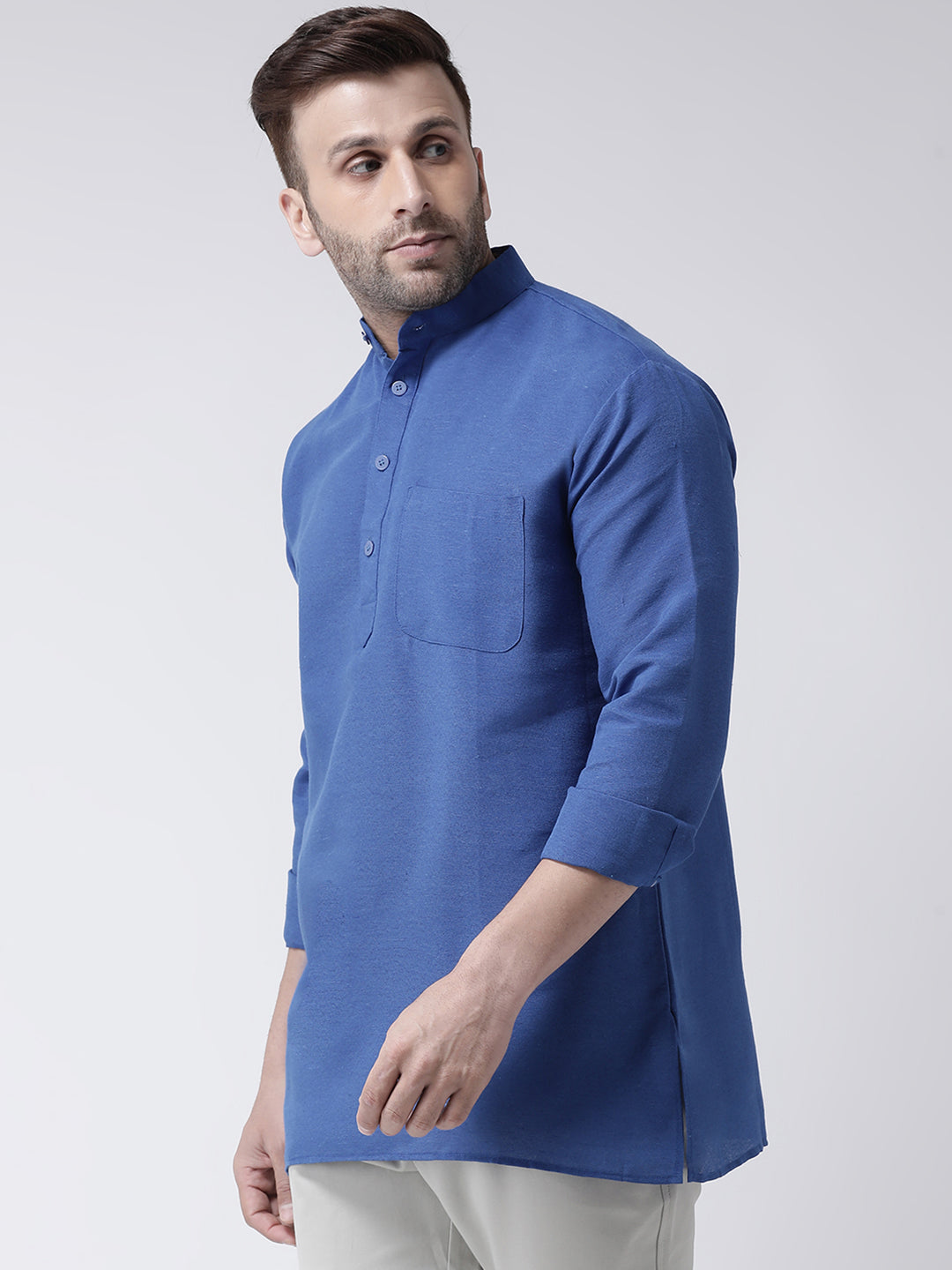 RIAG Navy Blue Color Long Sleeves Men's Cotton Short Kurta | Grocsy