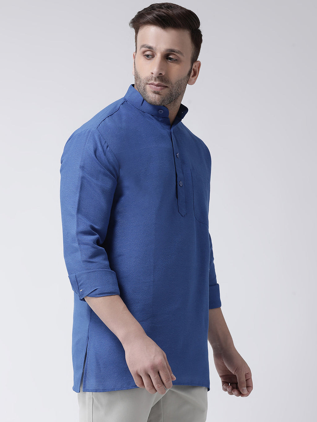 RIAG Navy Blue Color Long Sleeves Men's Cotton Short Kurta | Grocsy