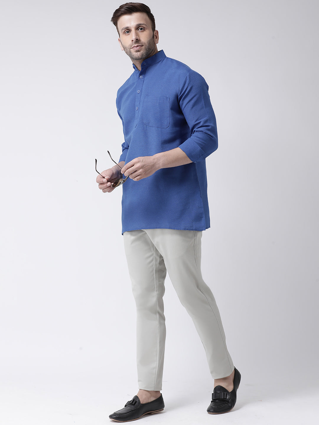 RIAG Navy Blue Color Long Sleeves Men's Cotton Short Kurta | Grocsy