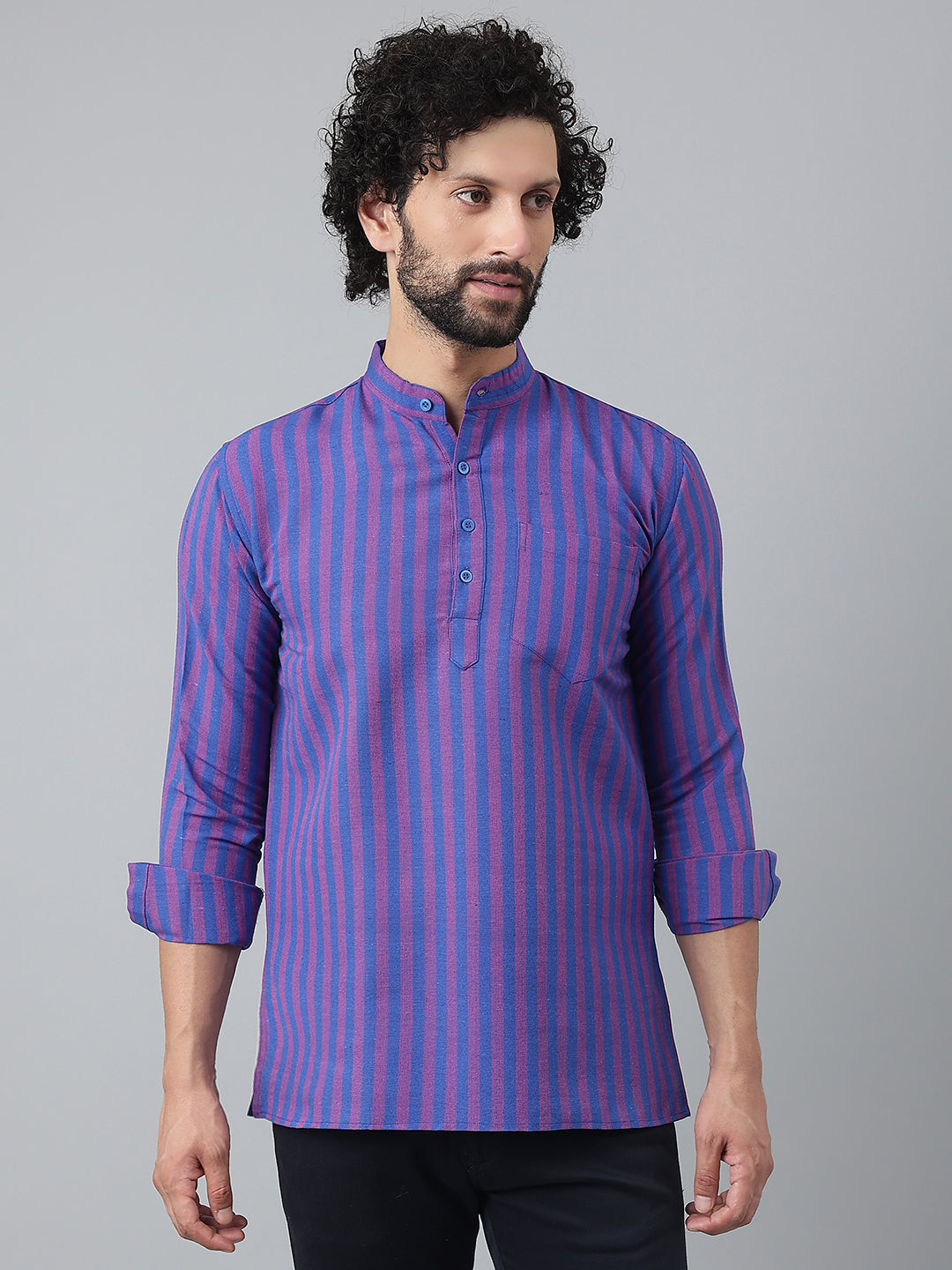 RIAG Navy Blue Color Long Sleeves Casual Men's Cotton Short Kurta | Grocsy