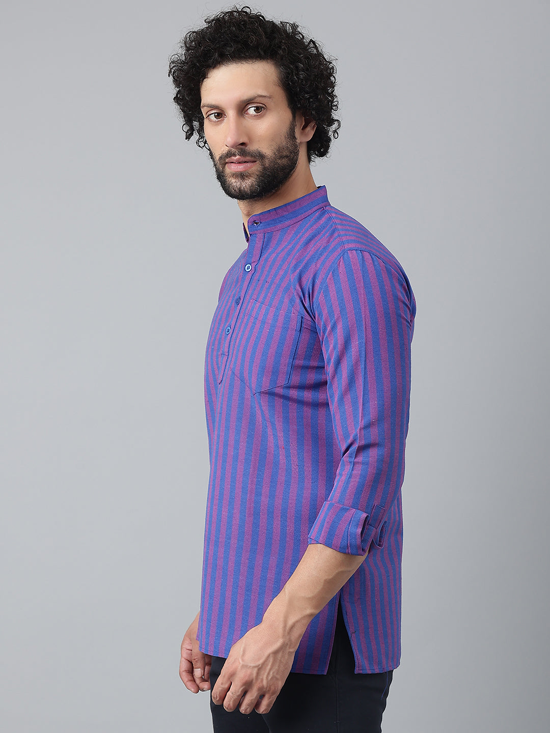RIAG Navy Blue Color Long Sleeves Casual Men's Cotton Short Kurta | Grocsy