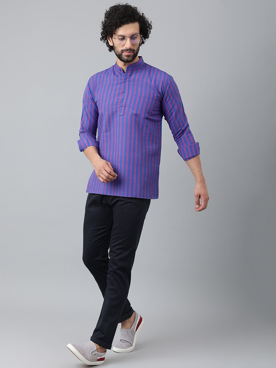 RIAG Navy Blue Color Long Sleeves Casual Men's Cotton Short Kurta | Grocsy