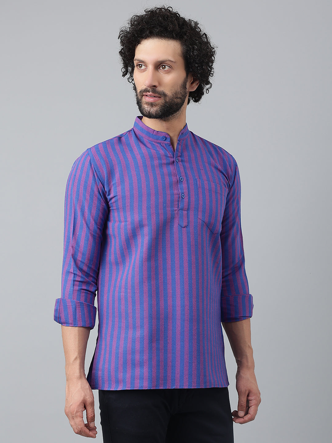 RIAG Navy Blue Color Long Sleeves Casual Men's Cotton Short Kurta | Grocsy