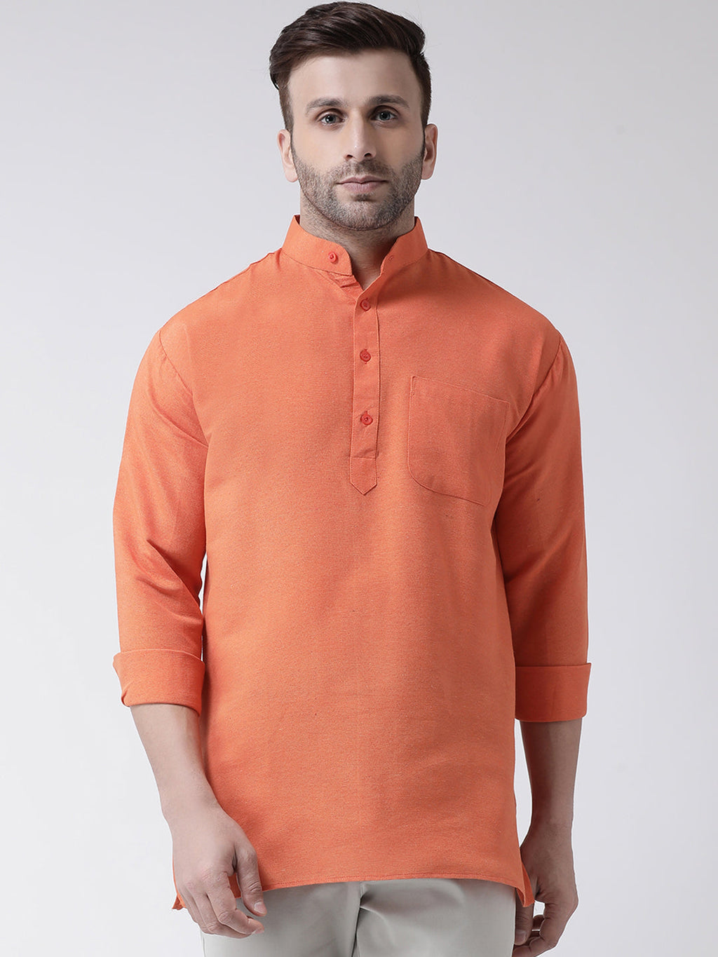 RIAG Orange Color Long Sleeves Men's Cotton Short Kurta | Grocsy
