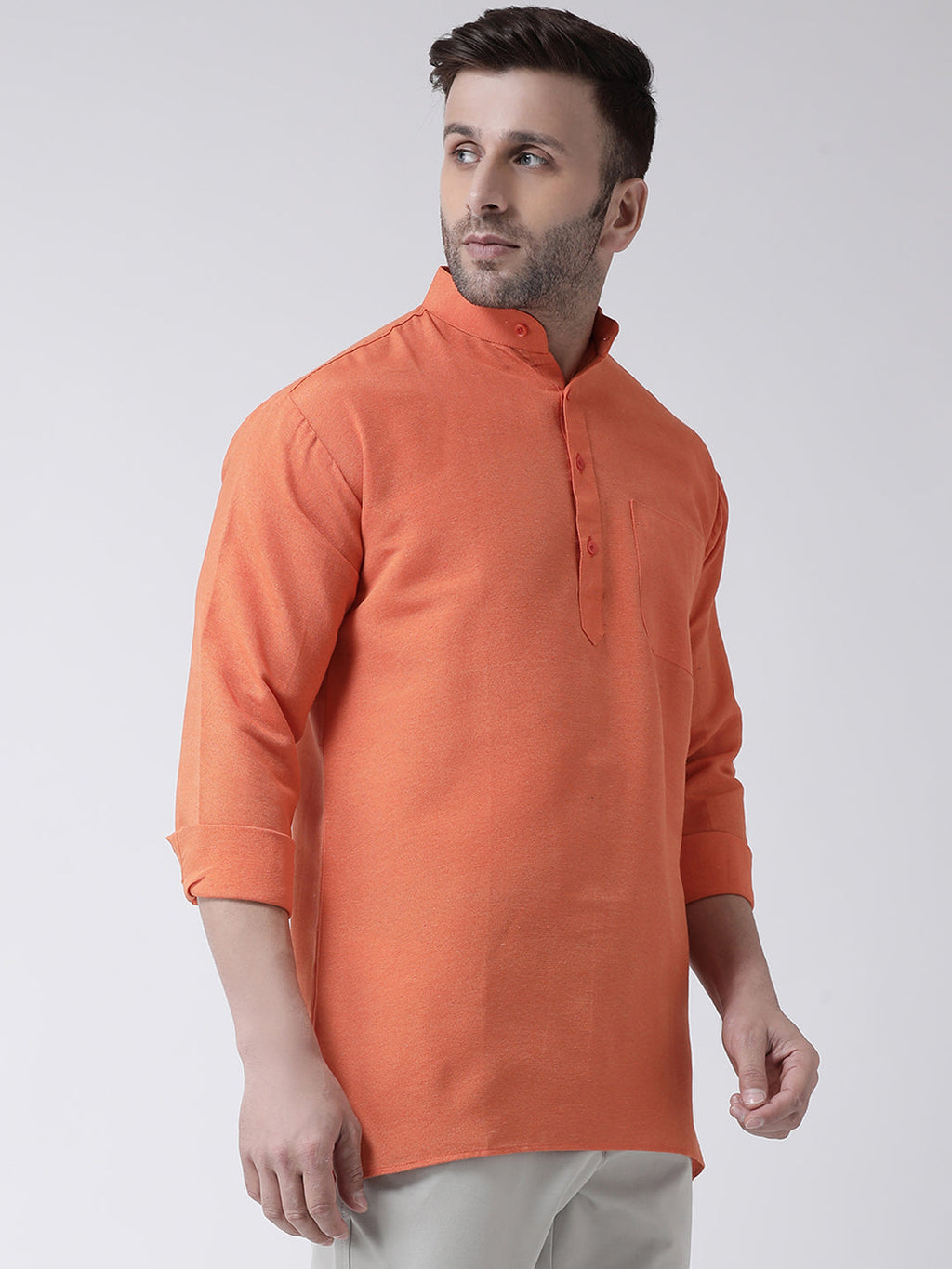 RIAG Orange Color Long Sleeves Men's Cotton Short Kurta | Grocsy