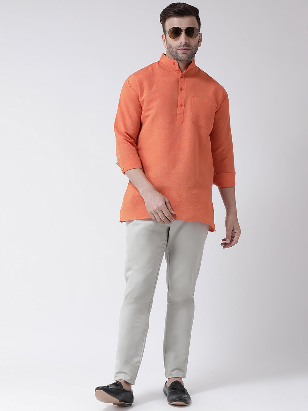 RIAG Orange Color Long Sleeves Men's Cotton Short Kurta | Grocsy