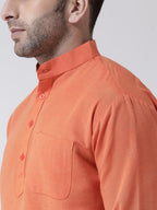 RIAG Orange Color Long Sleeves Men's Cotton Short Kurta | Grocsy