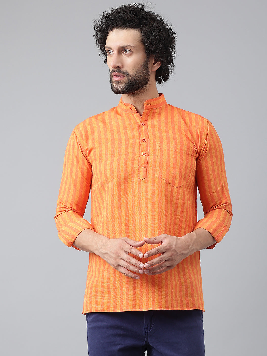 RIAG Orange Color Long Sleeves Casual Men's Cotton Short Kurta | Grocsy