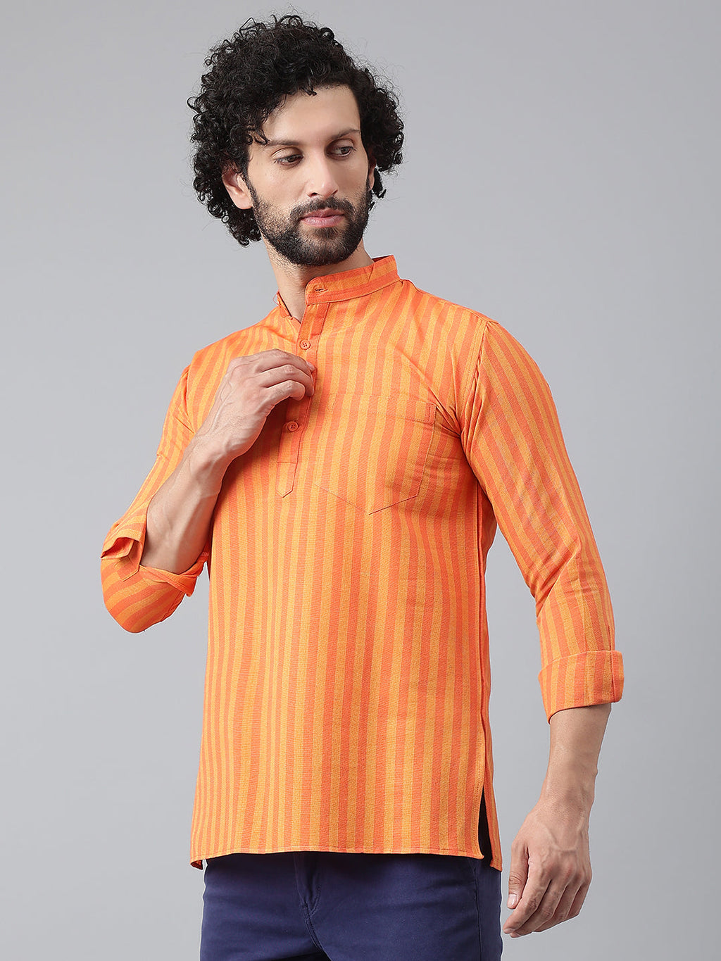 RIAG Orange Color Long Sleeves Casual Men's Cotton Short Kurta | Grocsy