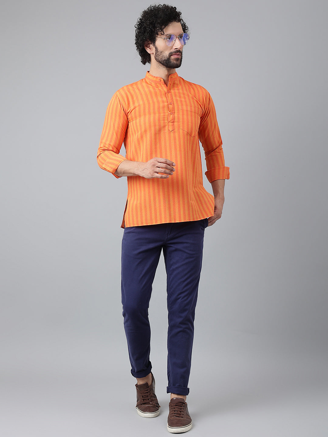 RIAG Orange Color Long Sleeves Casual Men's Cotton Short Kurta | Grocsy