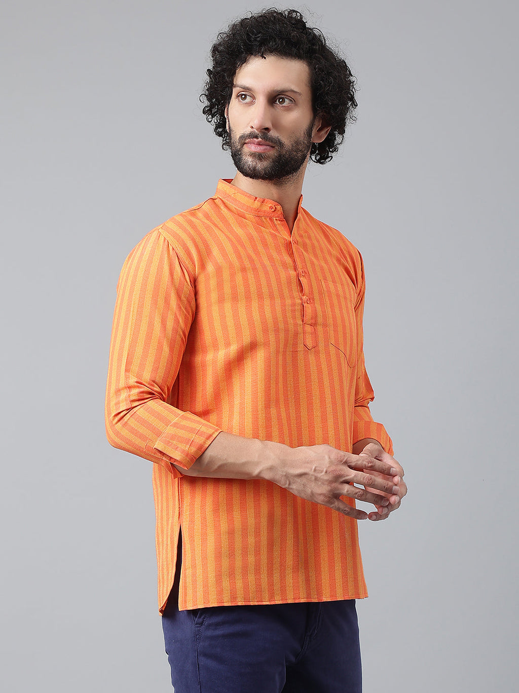 RIAG Orange Color Long Sleeves Casual Men's Cotton Short Kurta | Grocsy