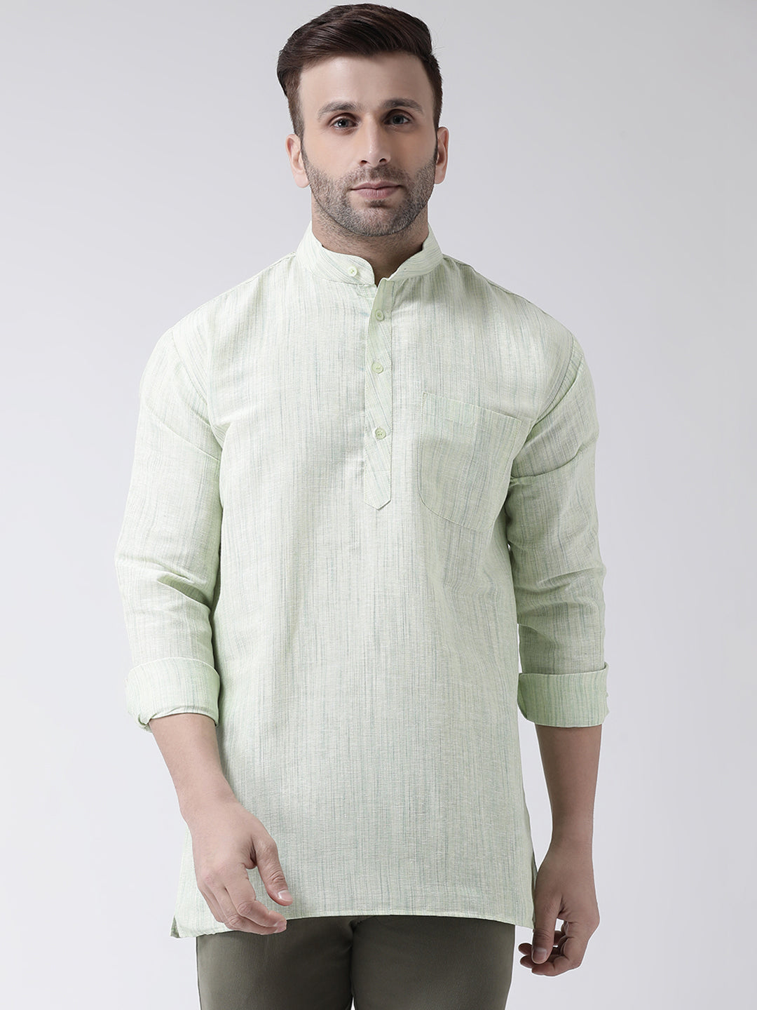 RIAG Green Color Long Sleeves Men's Cotton Short Kurta | Grocsy