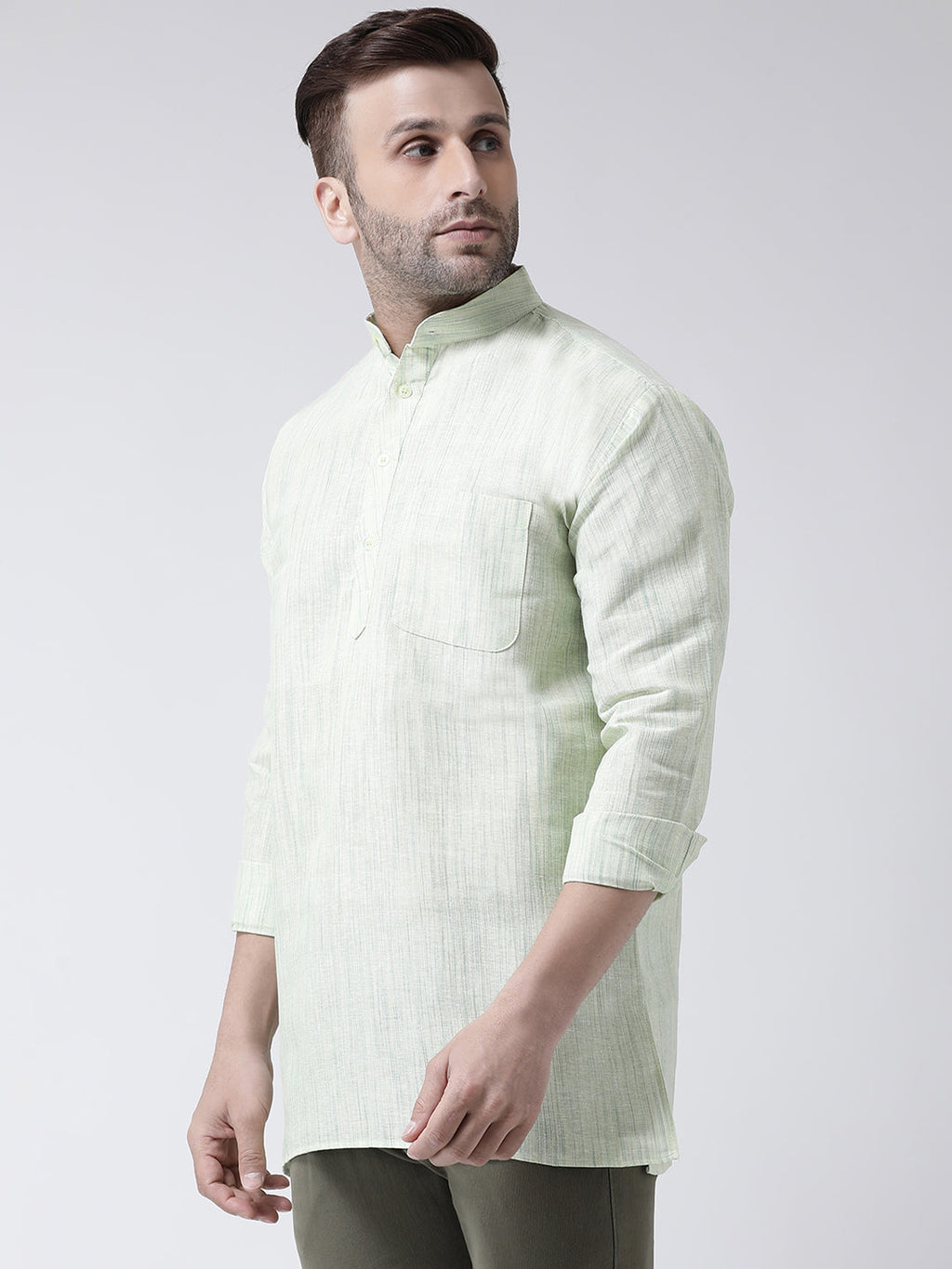 RIAG Green Color Long Sleeves Men's Cotton Short Kurta | Grocsy