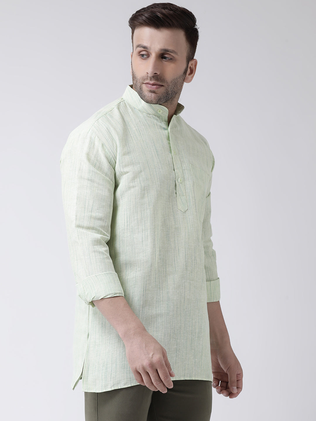 RIAG Green Color Long Sleeves Men's Cotton Short Kurta | Grocsy