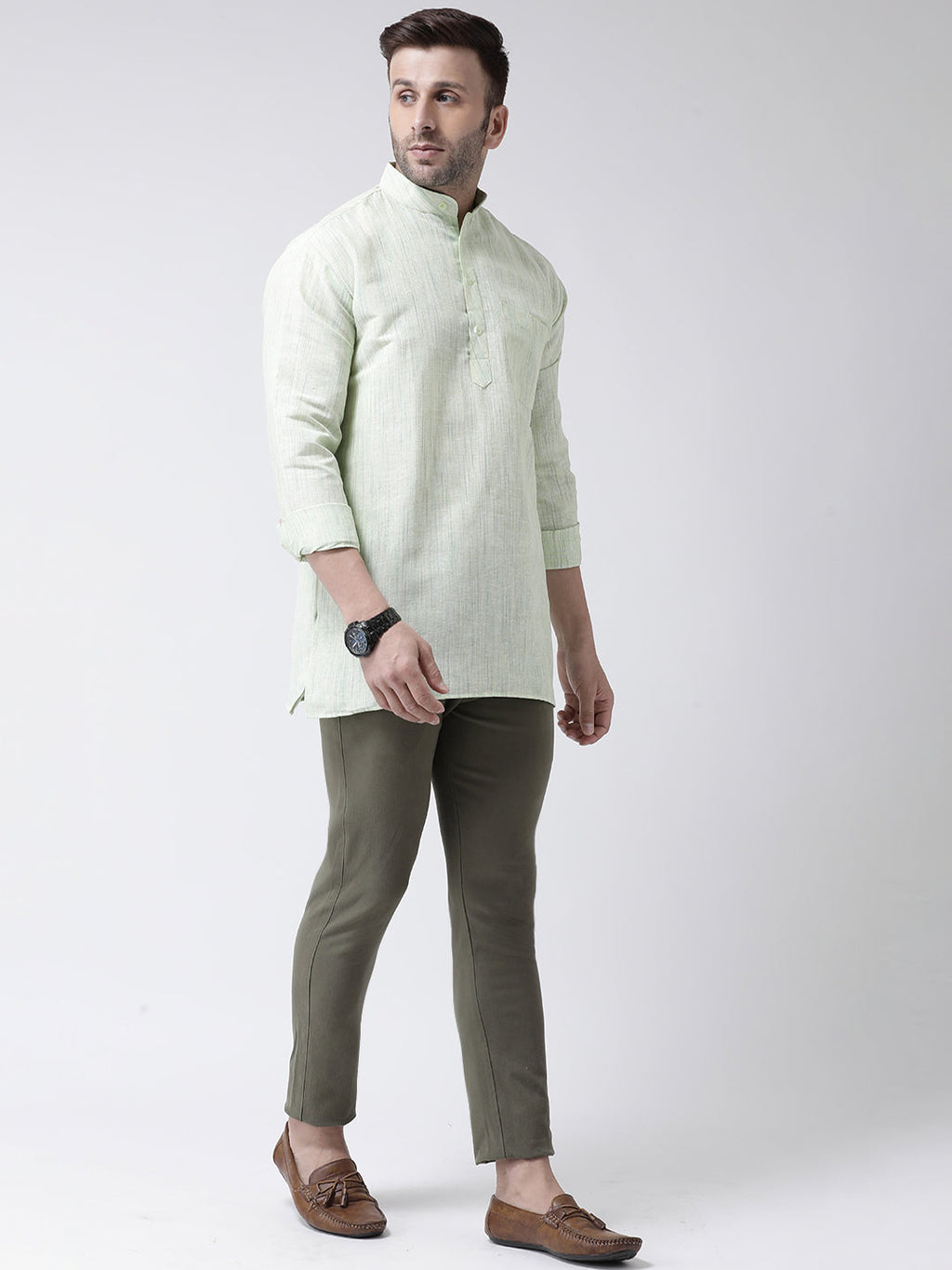 RIAG Green Color Long Sleeves Men's Cotton Short Kurta | Grocsy