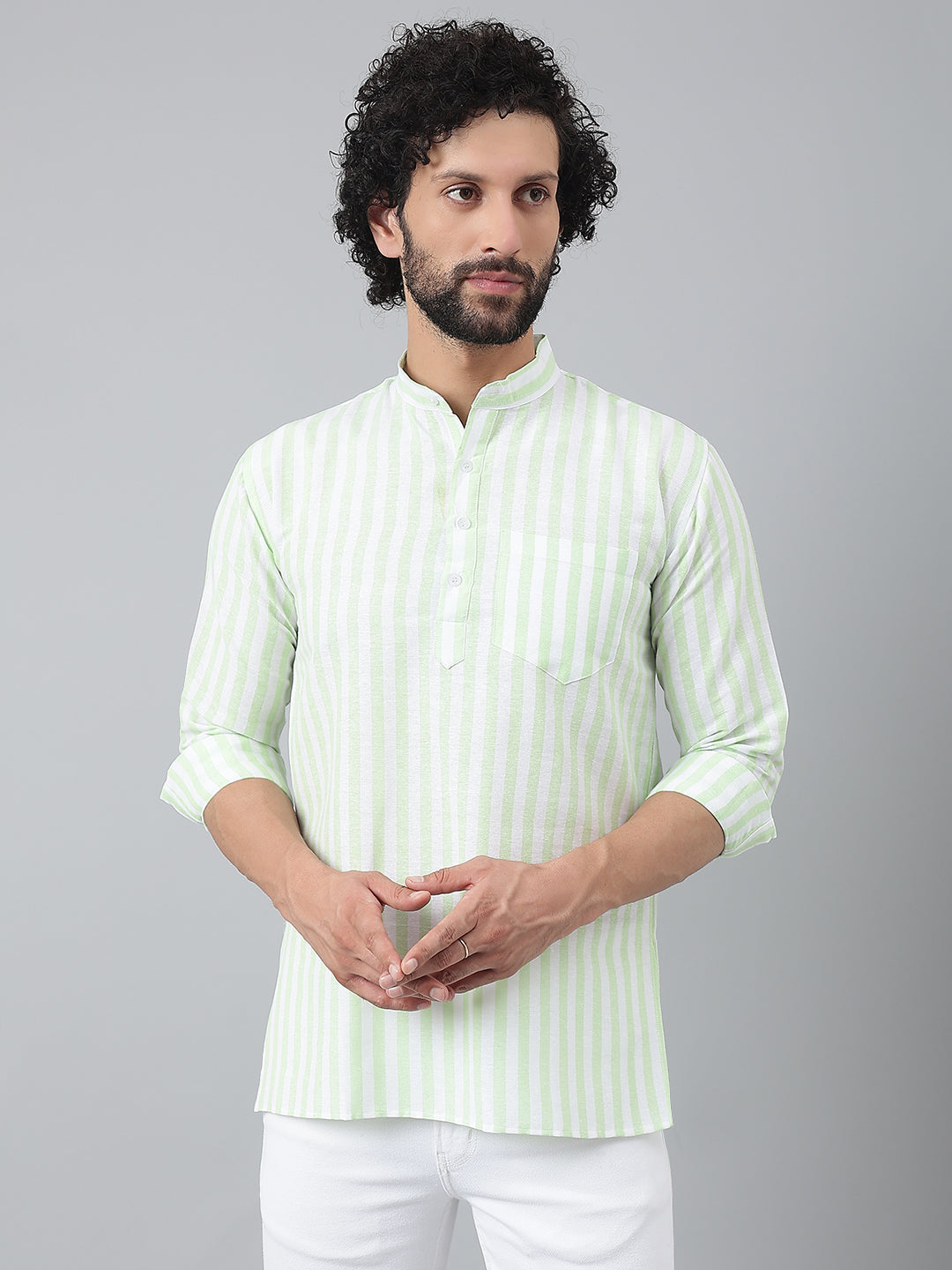 RIAG Green Color Long Sleeves Casual Men's Cotton Short Kurta | Grocsy