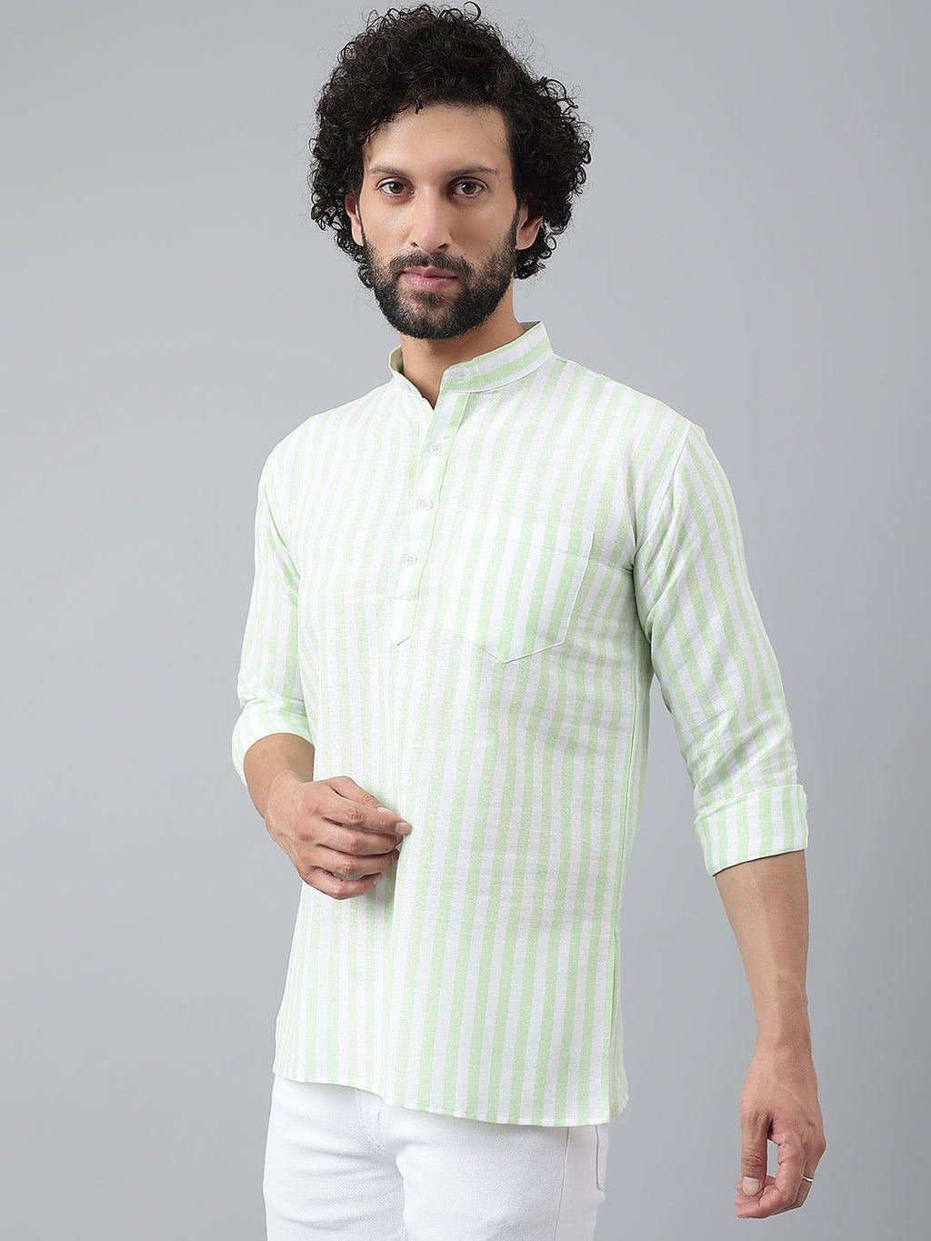 RIAG Green Color Long Sleeves Casual Men's Cotton Short Kurta | Grocsy