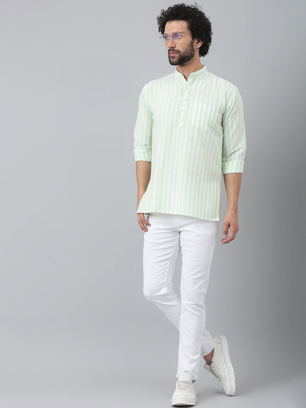 RIAG Green Color Long Sleeves Casual Men's Cotton Short Kurta | Grocsy