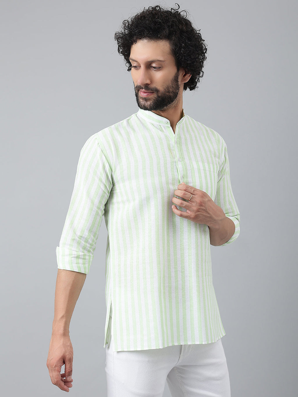 RIAG Green Color Long Sleeves Casual Men's Cotton Short Kurta | Grocsy