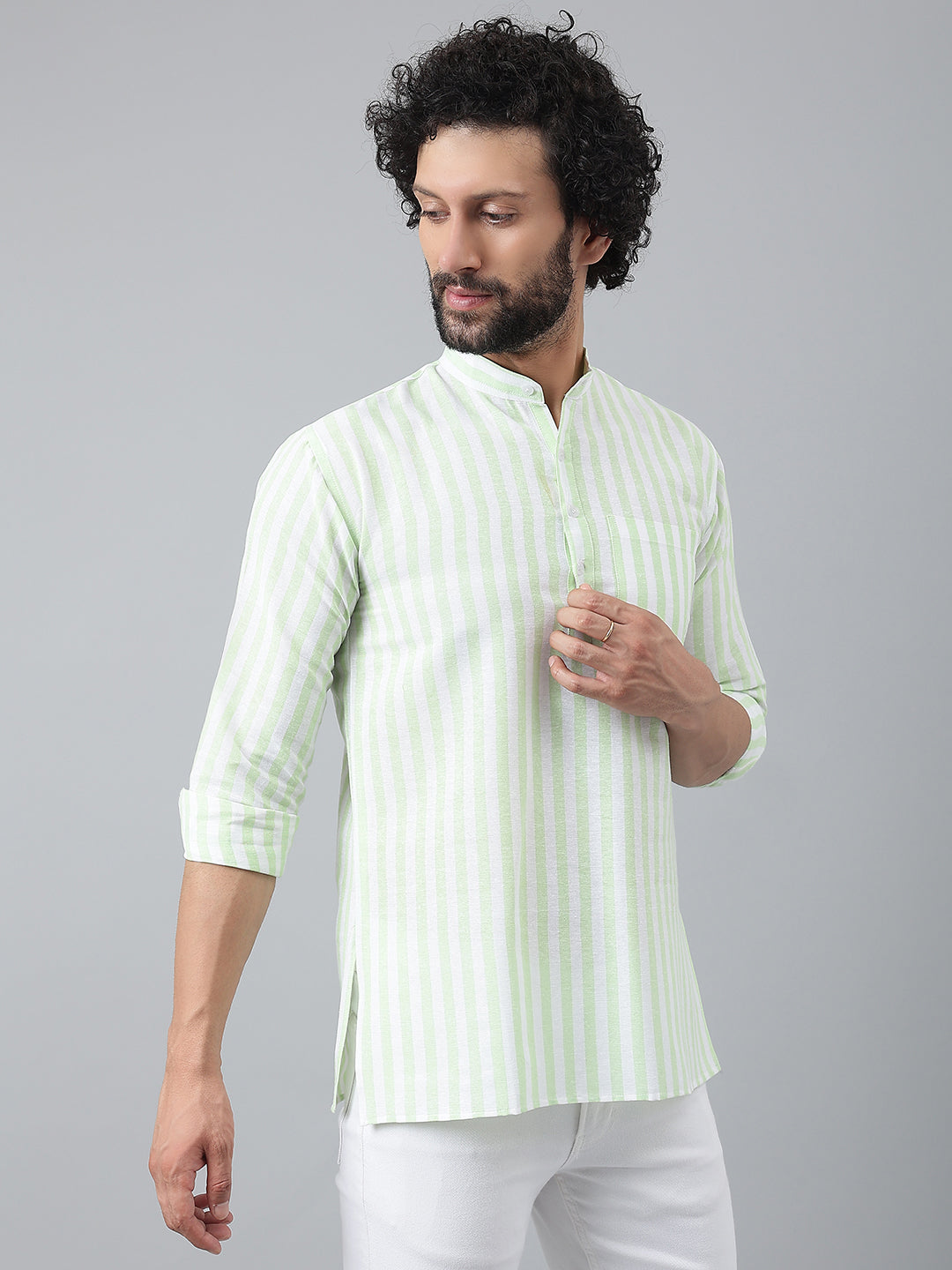 RIAG Green Color Long Sleeves Casual Men's Cotton Short Kurta | Grocsy