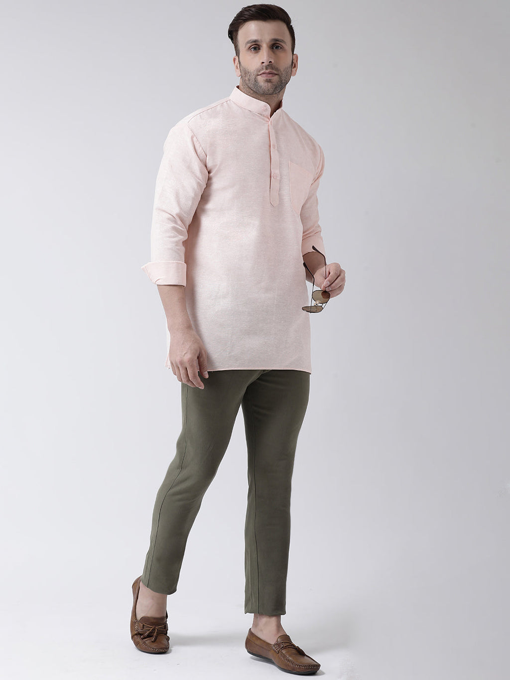 RIAG Beige Color Long Sleeves Men's Cotton Short Kurta | Grocsy