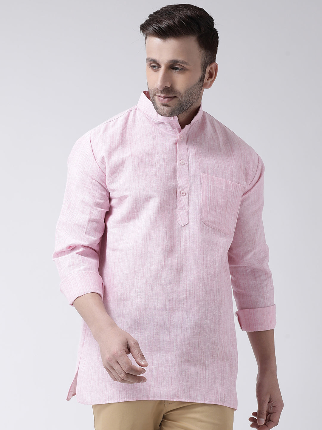 RIAG Pink Color Long Sleeves Men's Cotton Short Kurta | Grocsy