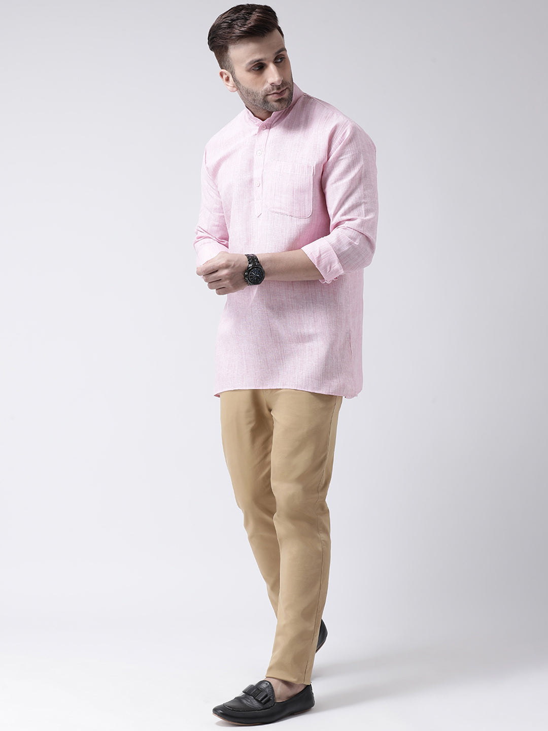 RIAG Pink Color Long Sleeves Men's Cotton Short Kurta | Grocsy