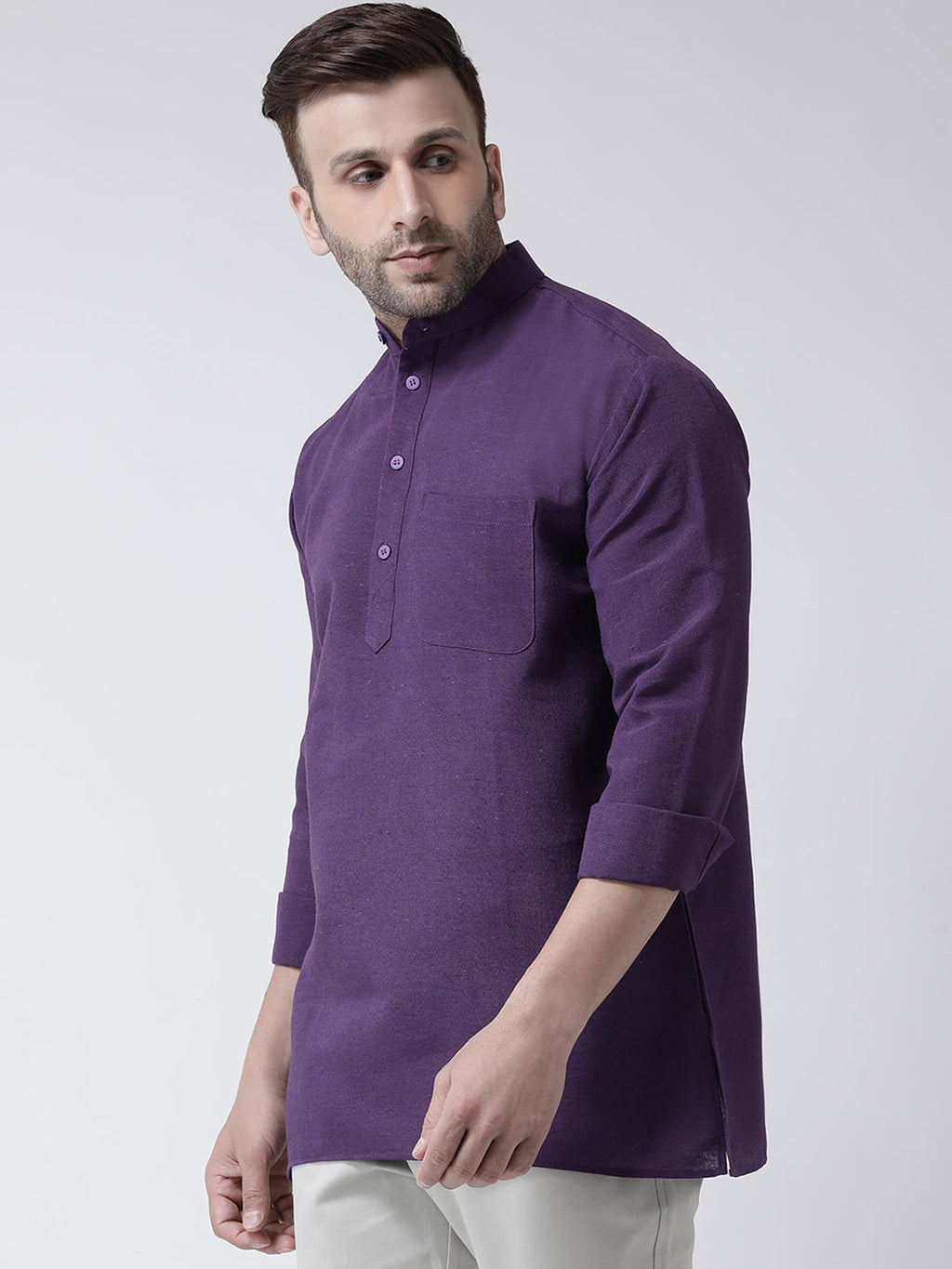 RIAG Purple Color Long Sleeves Men's Cotton Short Kurta | Grocsy