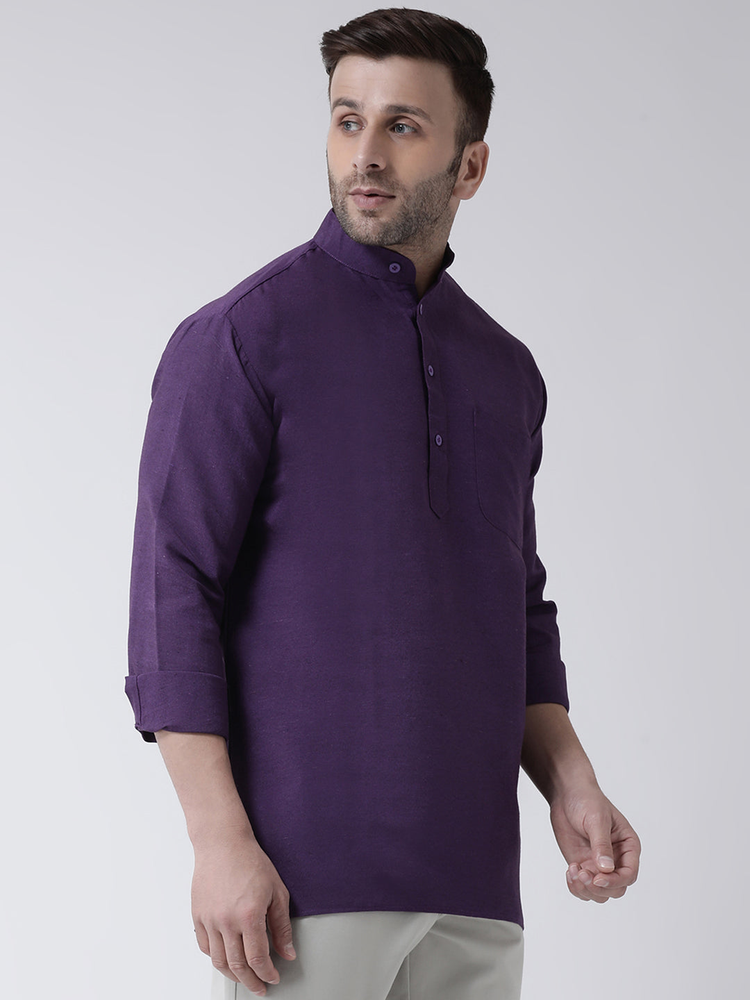 RIAG Purple Color Long Sleeves Men's Cotton Short Kurta | Grocsy