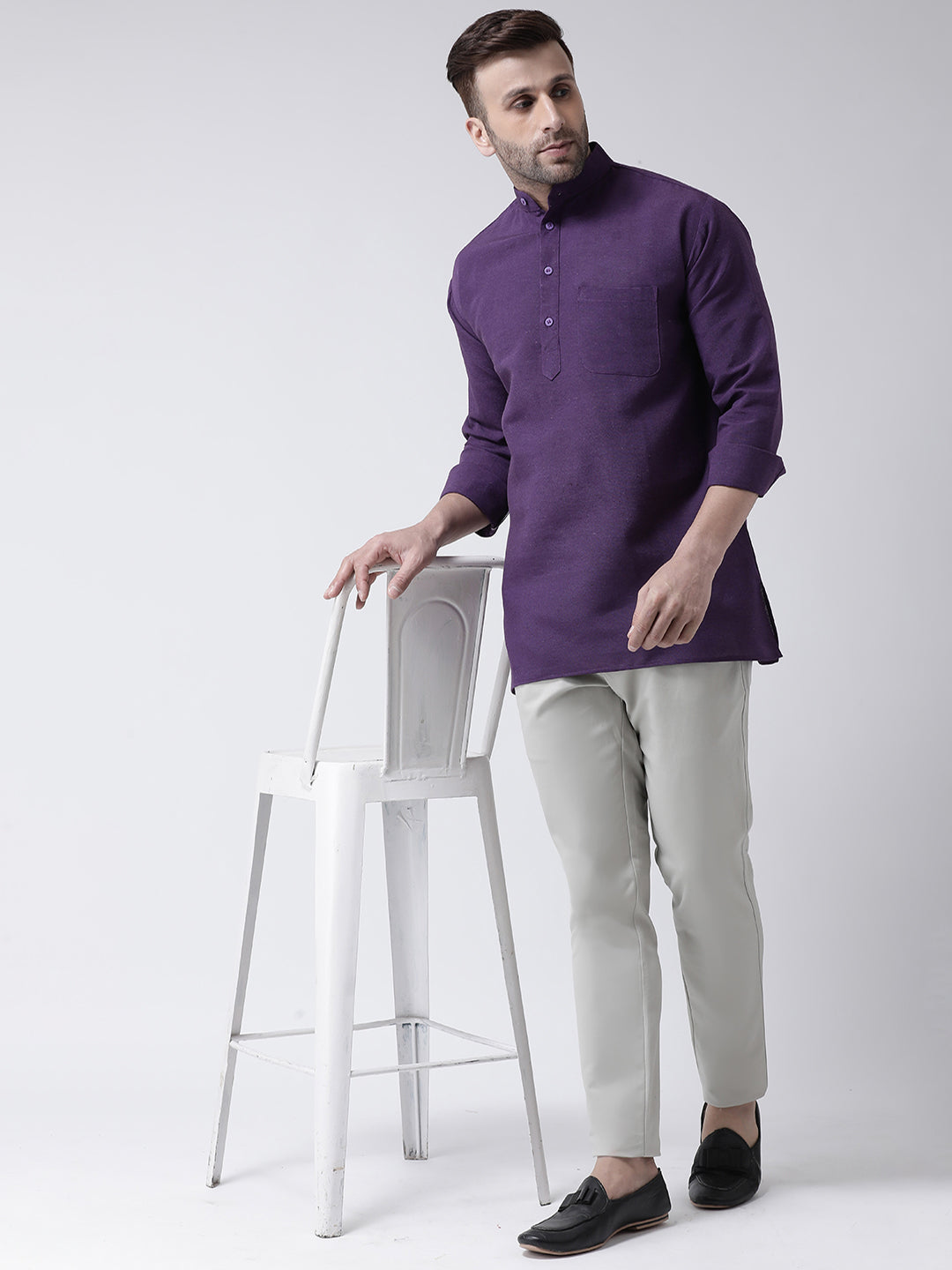 RIAG Purple Color Long Sleeves Men's Cotton Short Kurta | Grocsy
