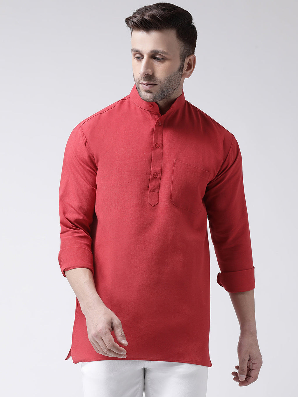 RIAG Red Color Long Sleeves Men's Cotton Short Kurta | Grocsy