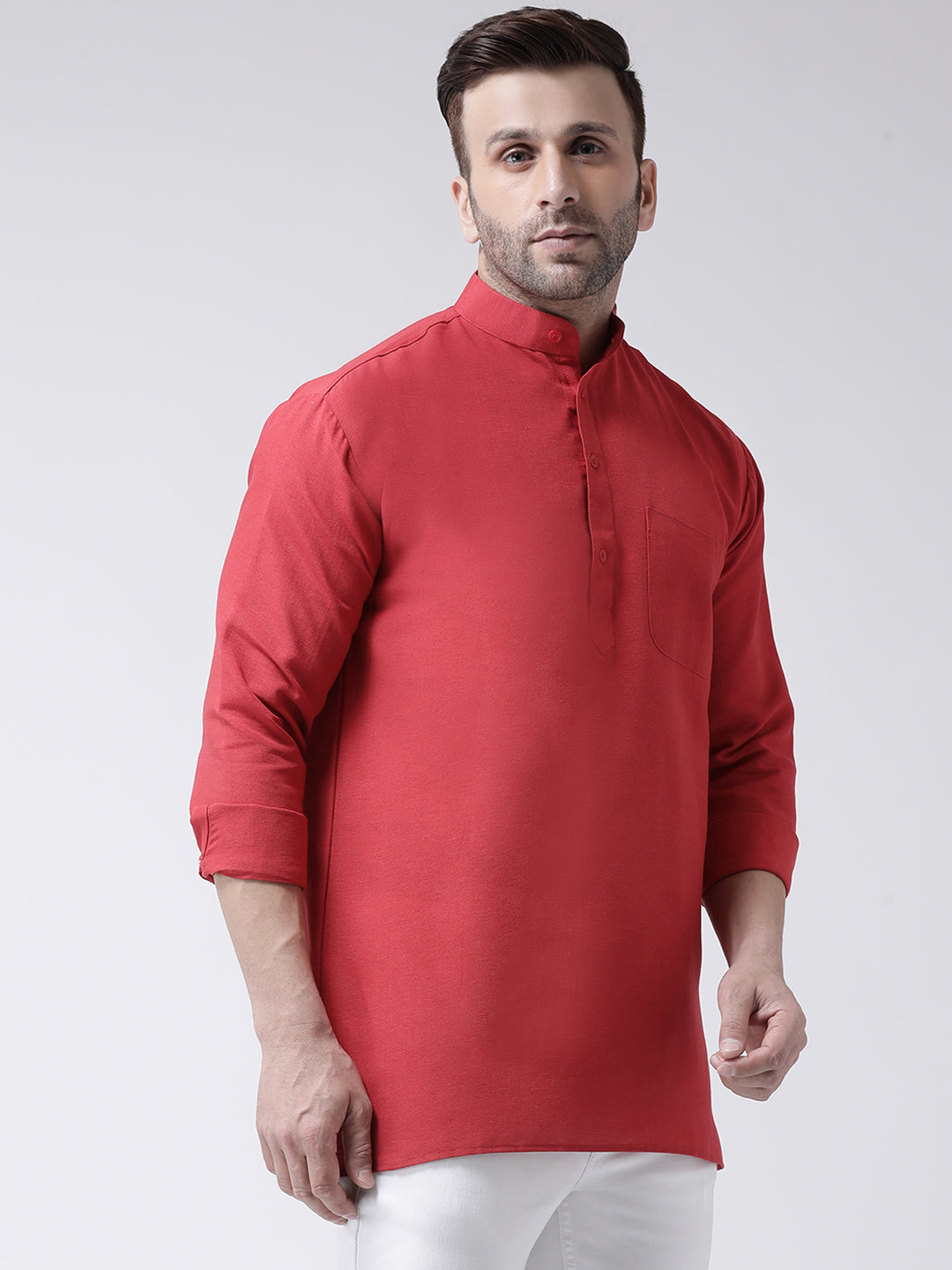 RIAG Red Color Long Sleeves Men's Cotton Short Kurta | Grocsy