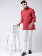 RIAG Red Color Long Sleeves Men's Cotton Short Kurta | Grocsy