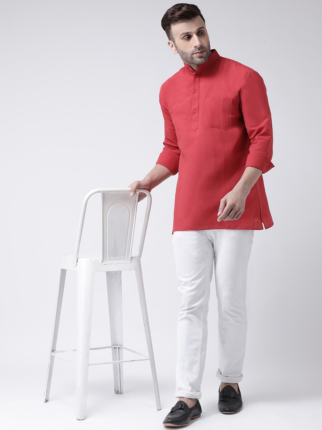 RIAG Red Color Long Sleeves Men's Cotton Short Kurta | Grocsy