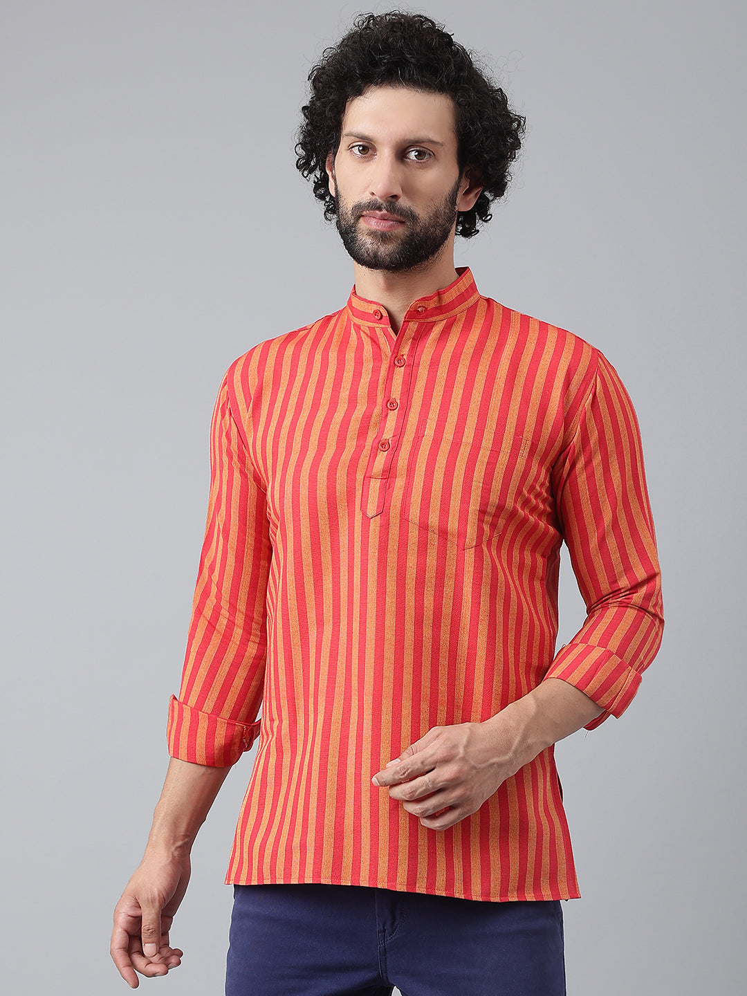 RIAG Red Color Long Sleeves Casual Men's Cotton Short Kurta | Grocsy