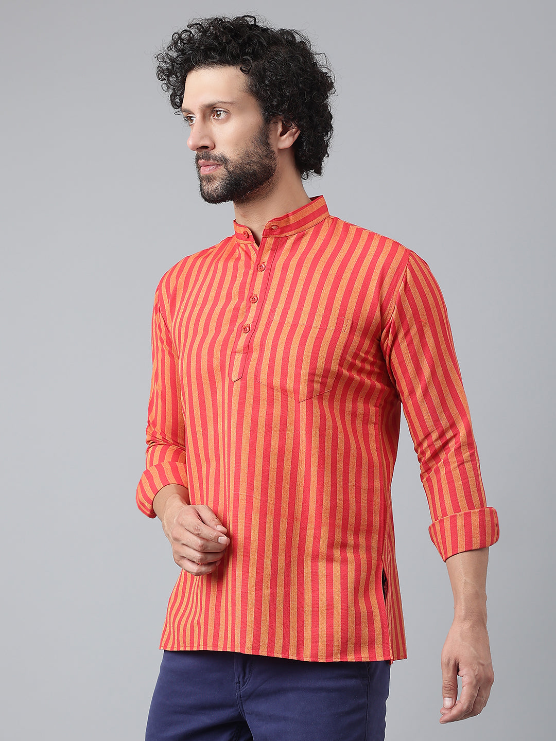 RIAG Red Color Long Sleeves Casual Men's Cotton Short Kurta | Grocsy