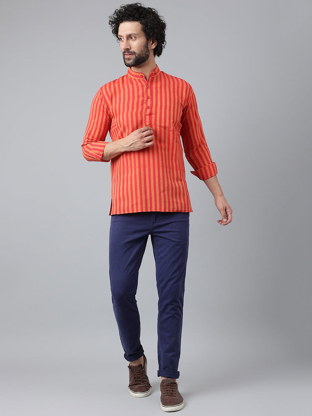 RIAG Red Color Long Sleeves Casual Men's Cotton Short Kurta | Grocsy