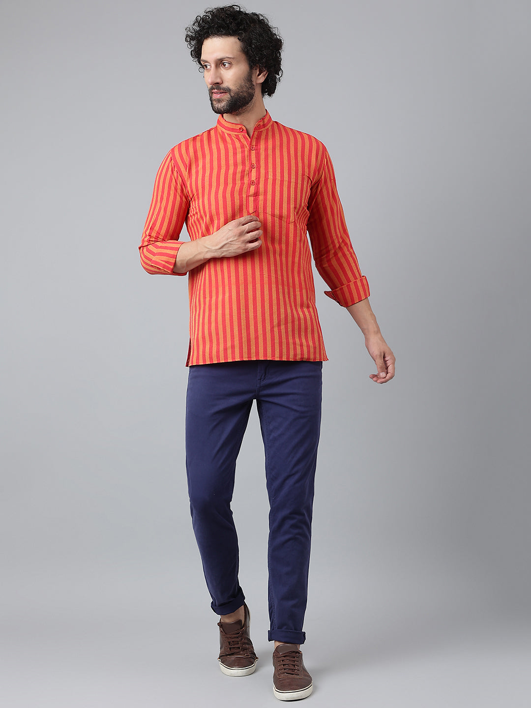 RIAG Red Color Long Sleeves Casual Men's Cotton Short Kurta | Grocsy