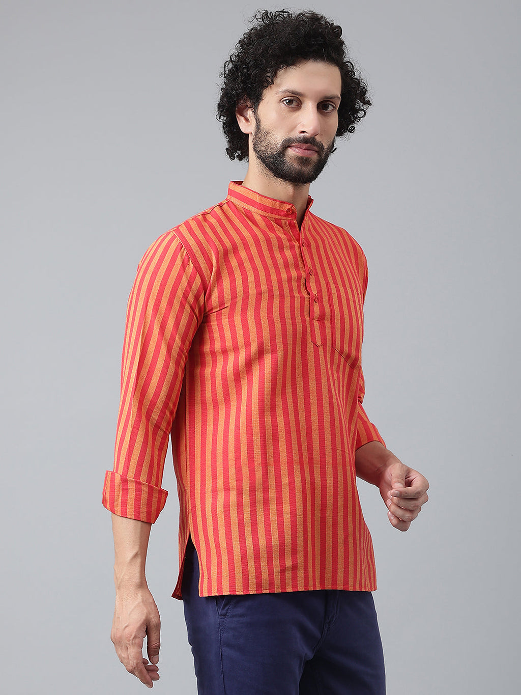 RIAG Red Color Long Sleeves Casual Men's Cotton Short Kurta | Grocsy