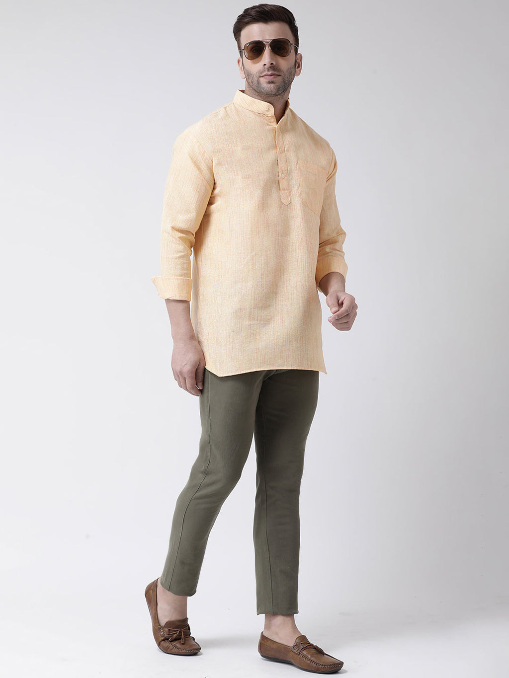RIAG Beige Color Long Sleeves Men's Cotton Short Kurta | Grocsy
