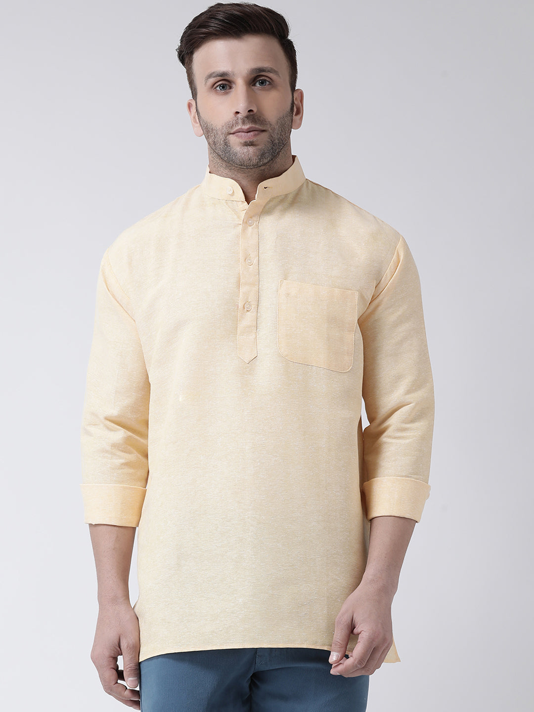 RIAG Beige Color Long Sleeves Men's Cotton Short Kurta | Grocsy