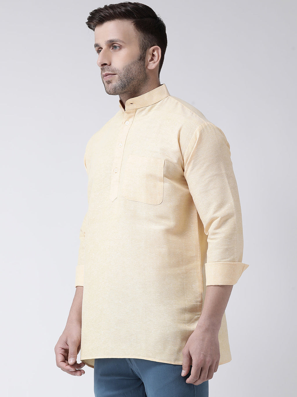 RIAG Beige Color Long Sleeves Men's Cotton Short Kurta | Grocsy