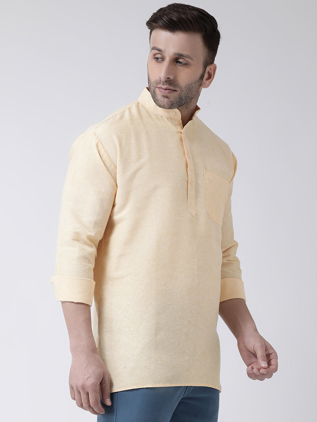 RIAG Beige Color Long Sleeves Men's Cotton Short Kurta | Grocsy