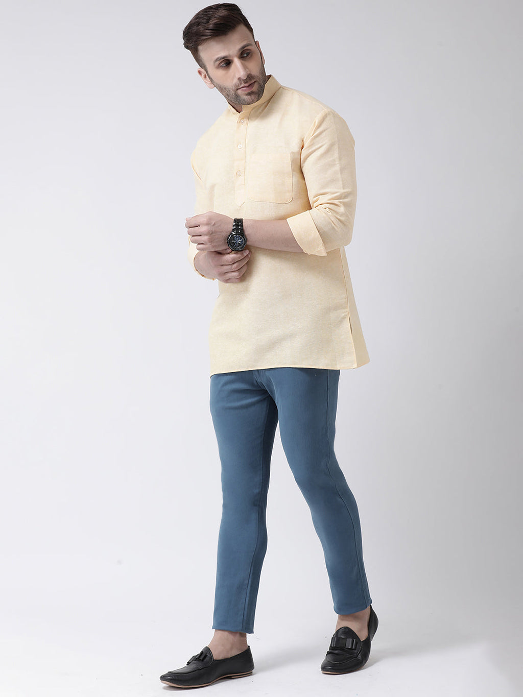 RIAG Beige Color Long Sleeves Men's Cotton Short Kurta | Grocsy
