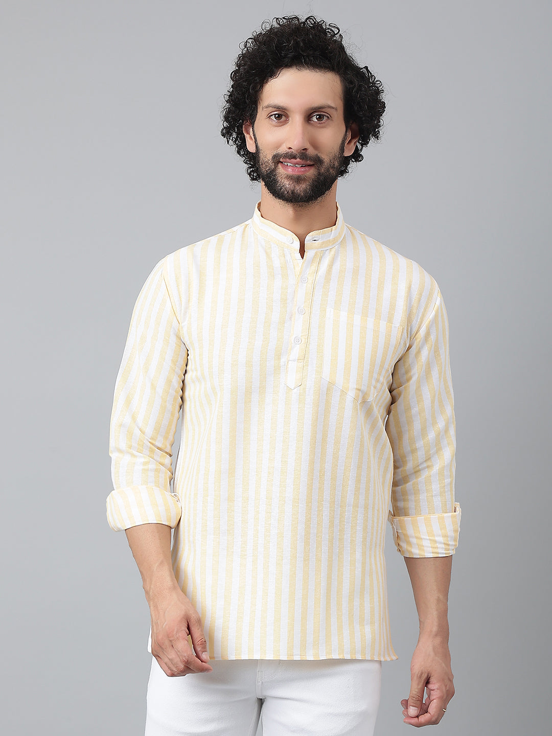 RIAG Beige Color Long Sleeves Casual Men's Cotton Short Kurta | Grocsy