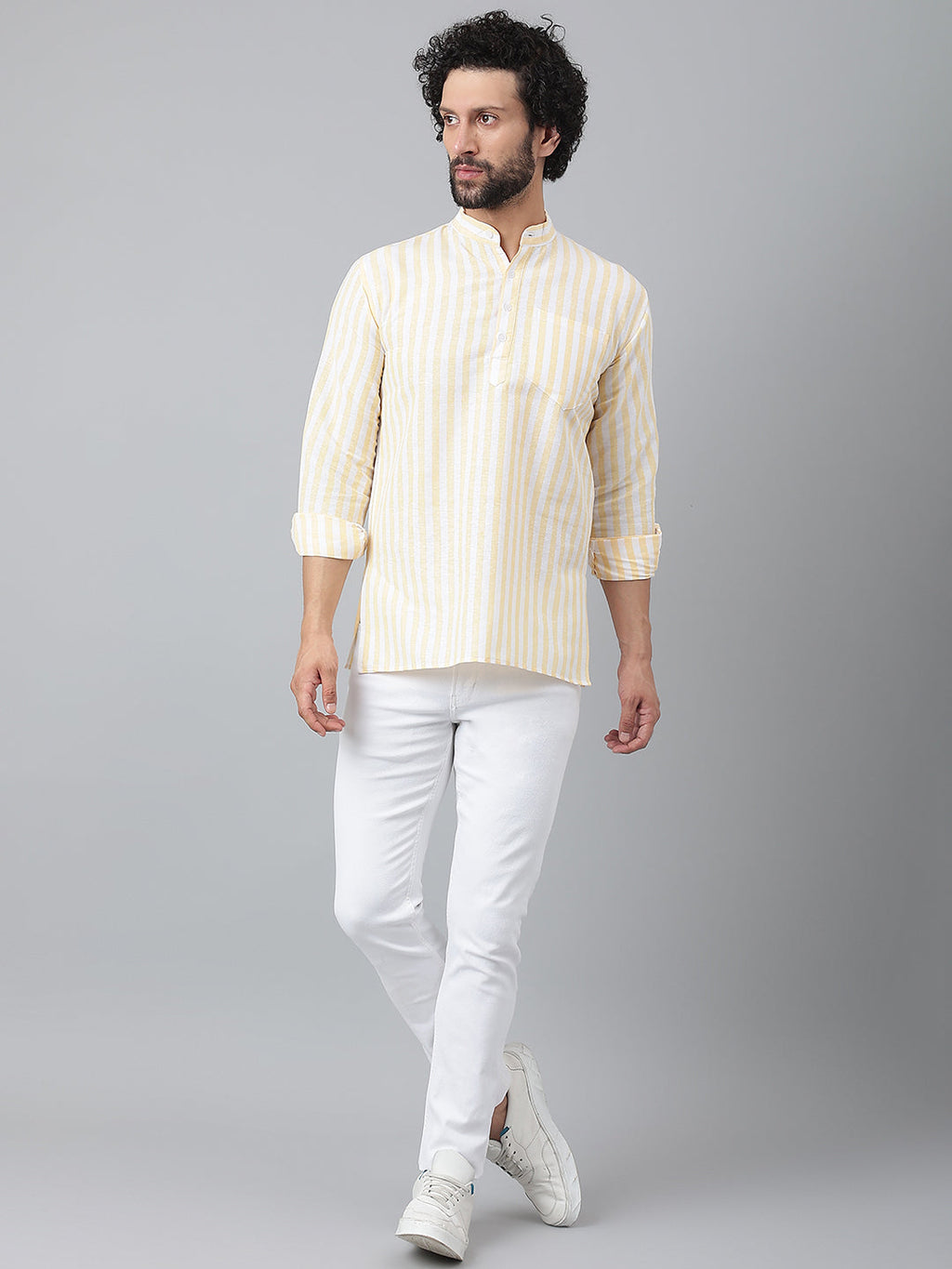RIAG Beige Color Long Sleeves Casual Men's Cotton Short Kurta | Grocsy