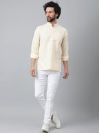 RIAG Beige Color Long Sleeves Casual Men's Cotton Short Kurta | Grocsy